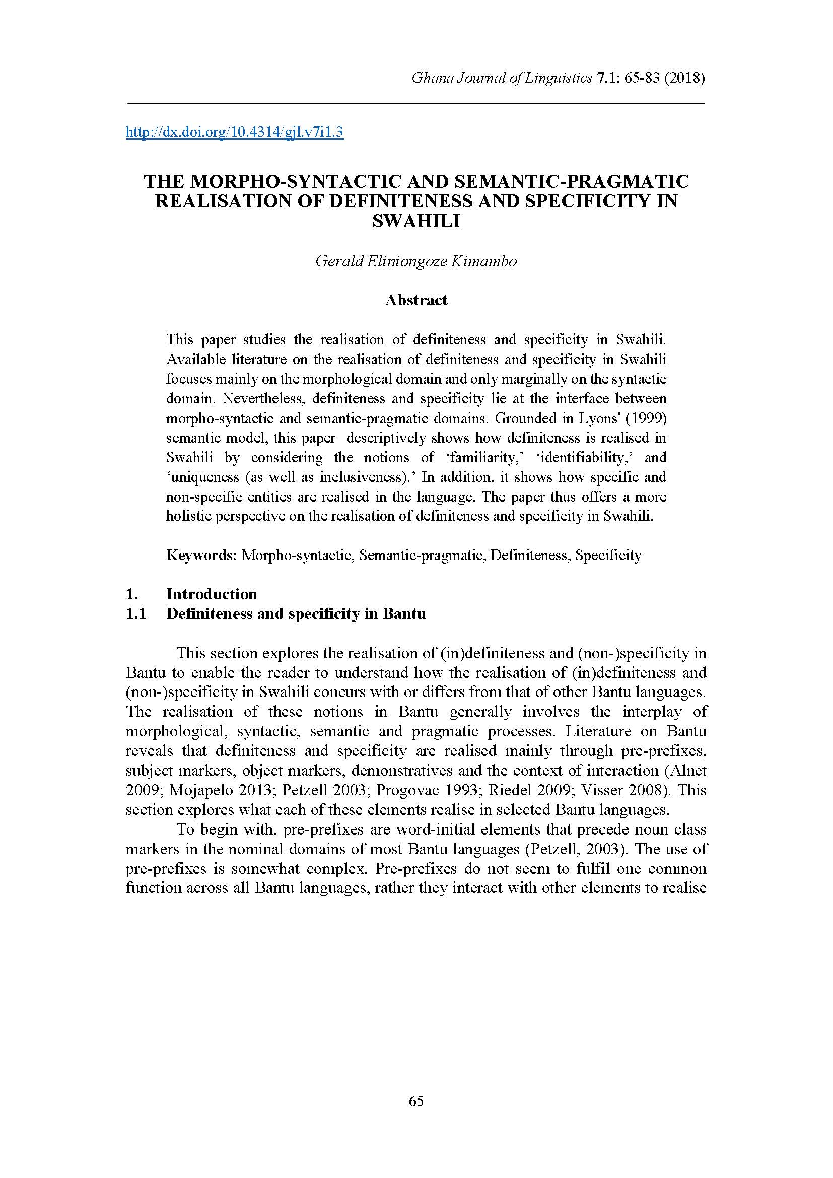 Morpho-syntactic and Semantic-Pragmatic Realisation of Definiteness and Specificity in Swahili