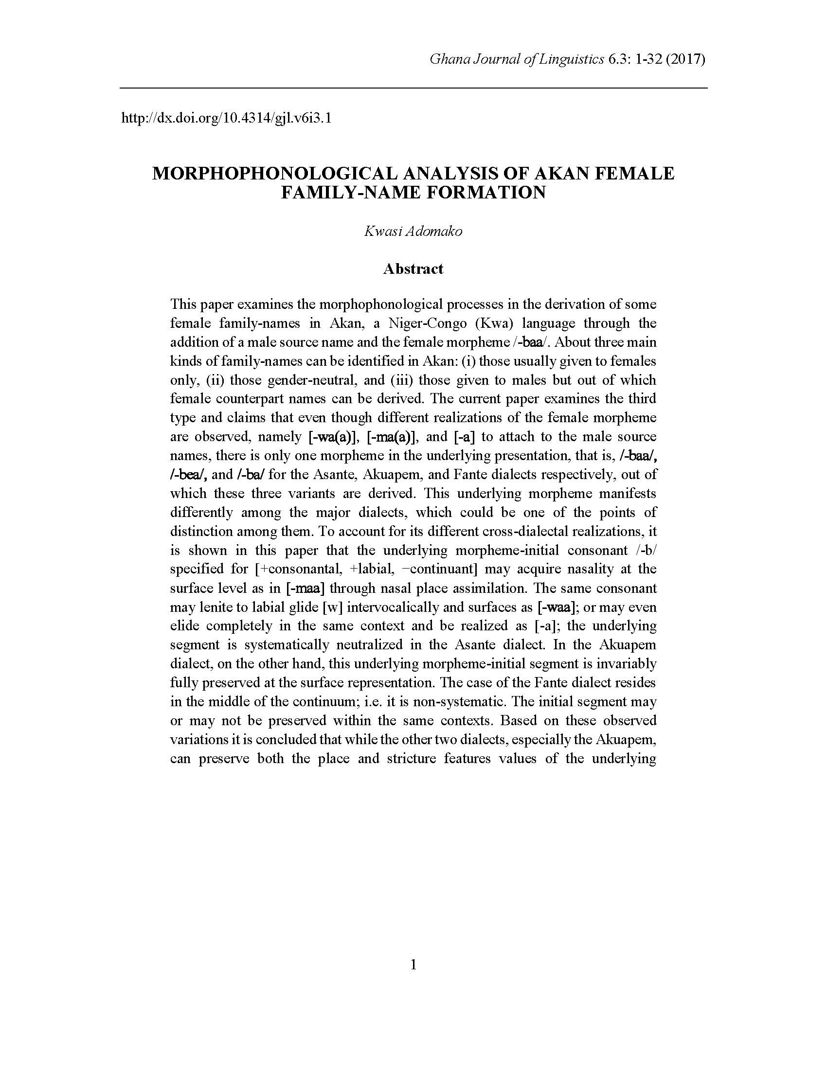 Kwasi Adomako - MORPHOPHONOLOGICAL ANALYSIS OF AKAN FEMALE FAMILY-NAME FORMATION