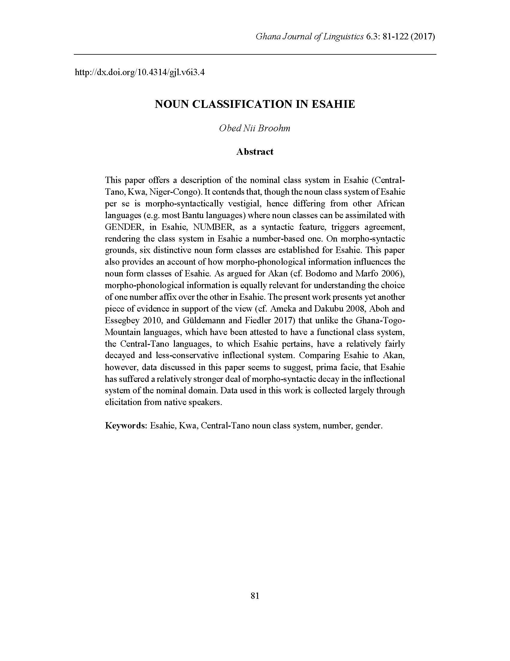 Broohm: Noun Classification in Esahie