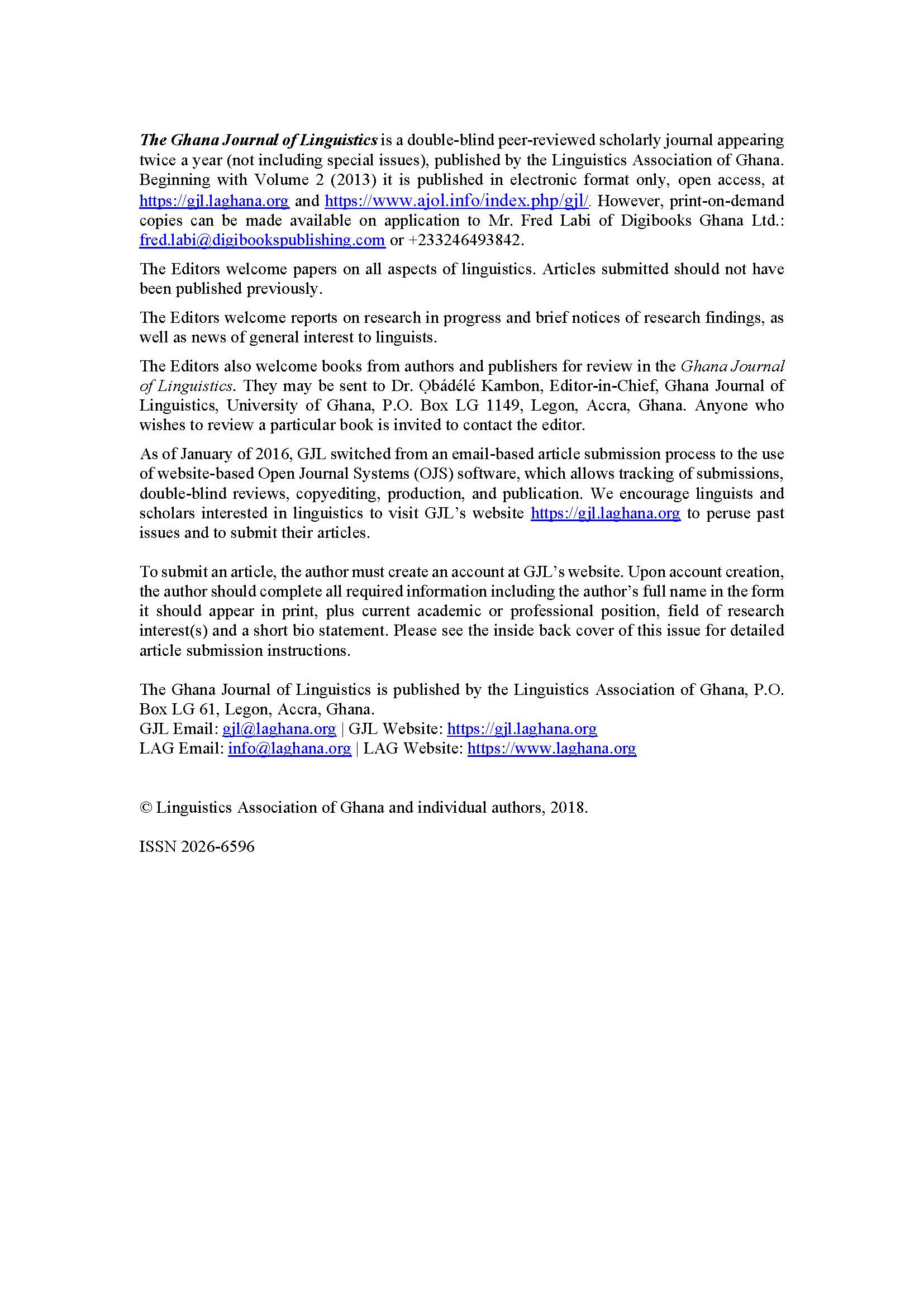 Inside Front Cover: About Ghana Journal of Linguistics