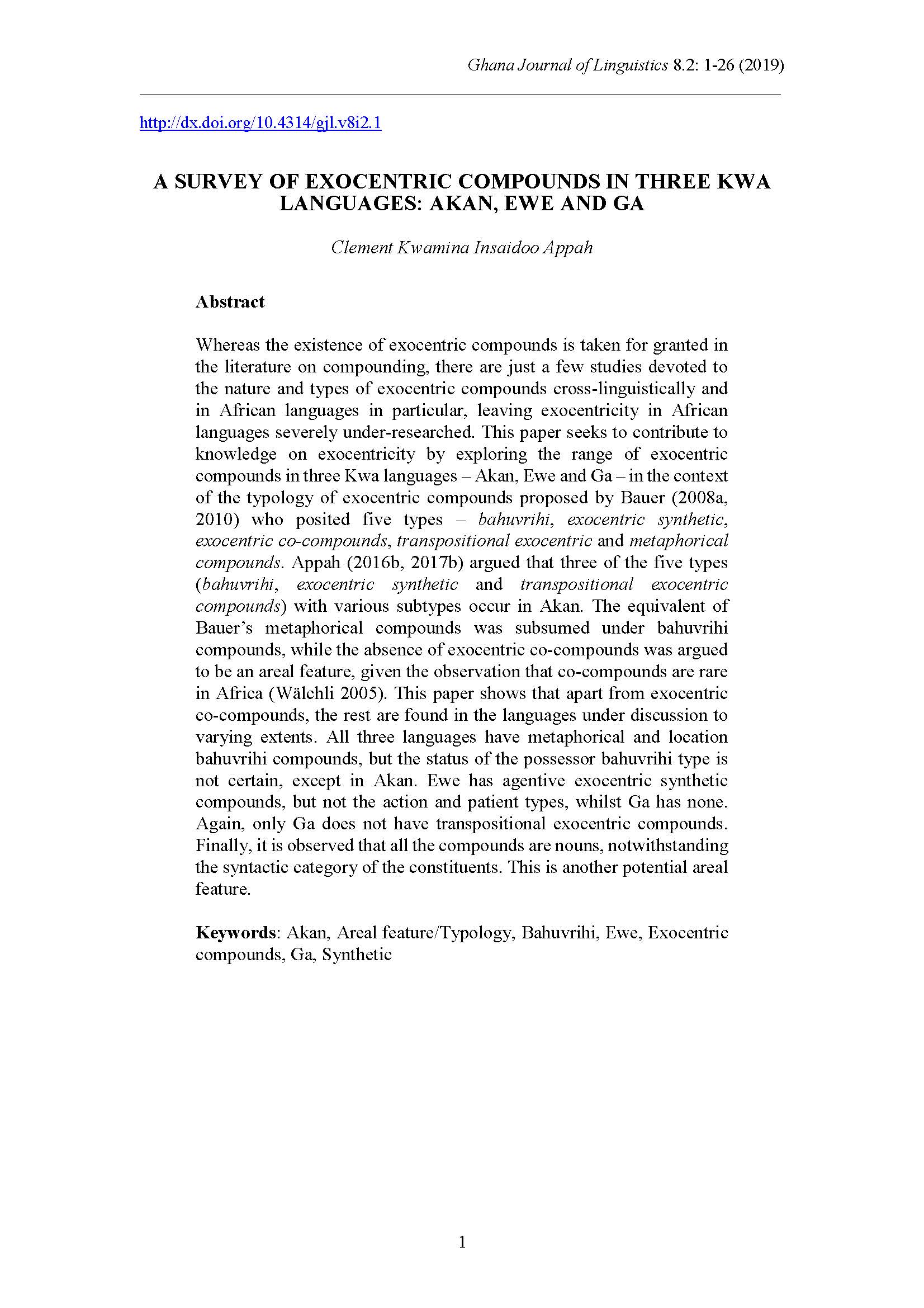 a survey of exocentric compounds in three kwa languages: akan, ewe, and ga