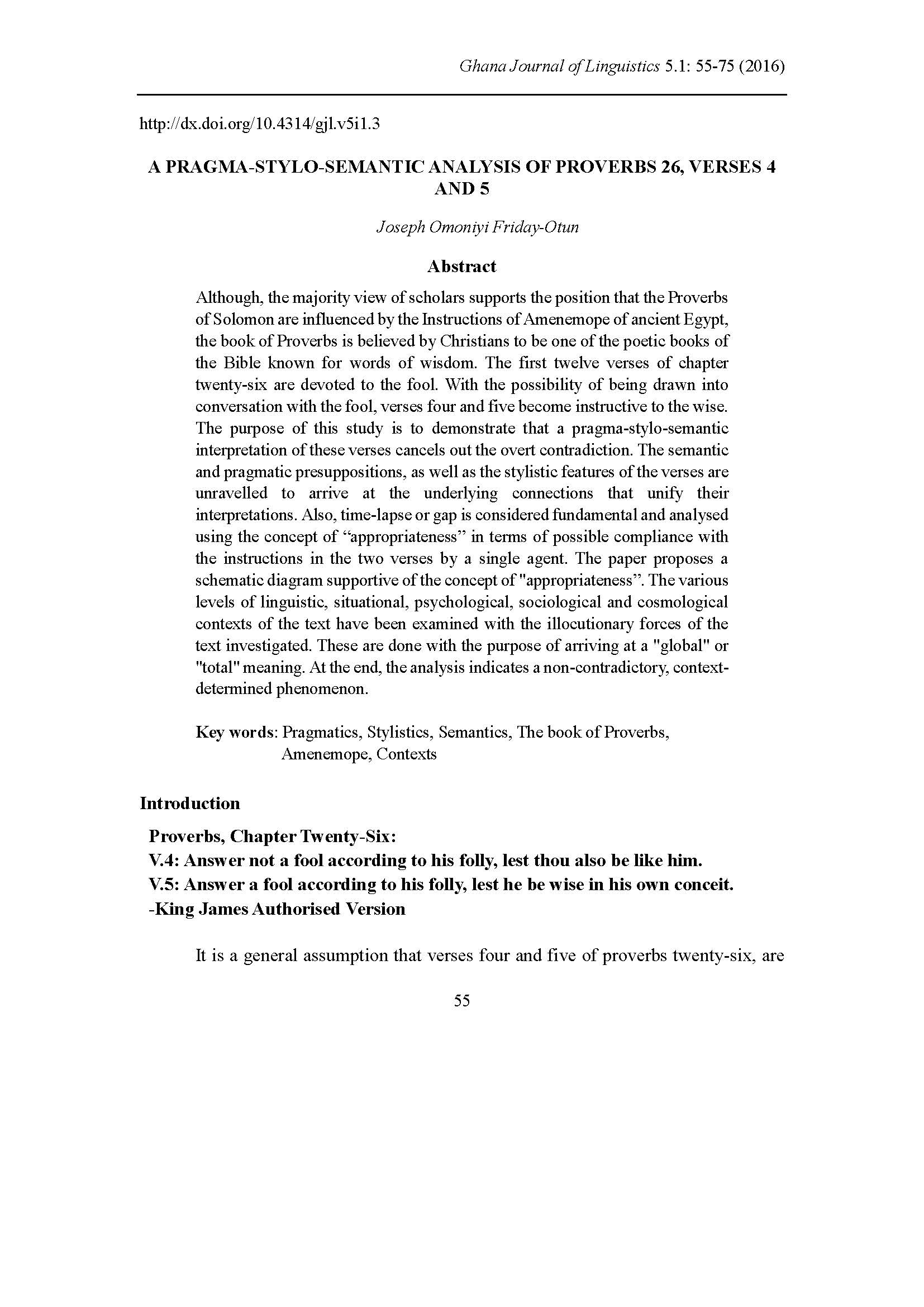 A Pragma-Stylo-Semantic Analysis of Proverbs 26, Verses 4 and 5