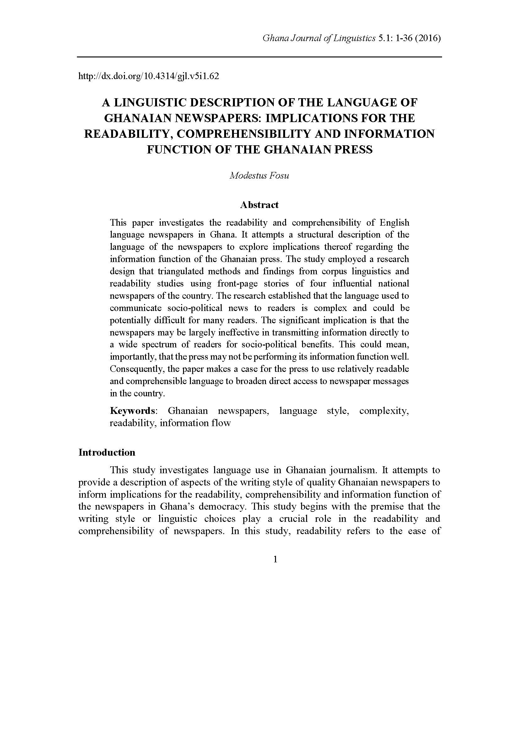 A Linguistic Description of the Language of Ghanaian Newspapers: Implications for the Readability, Comprehensibility and Information Function of the Ghanaian Press