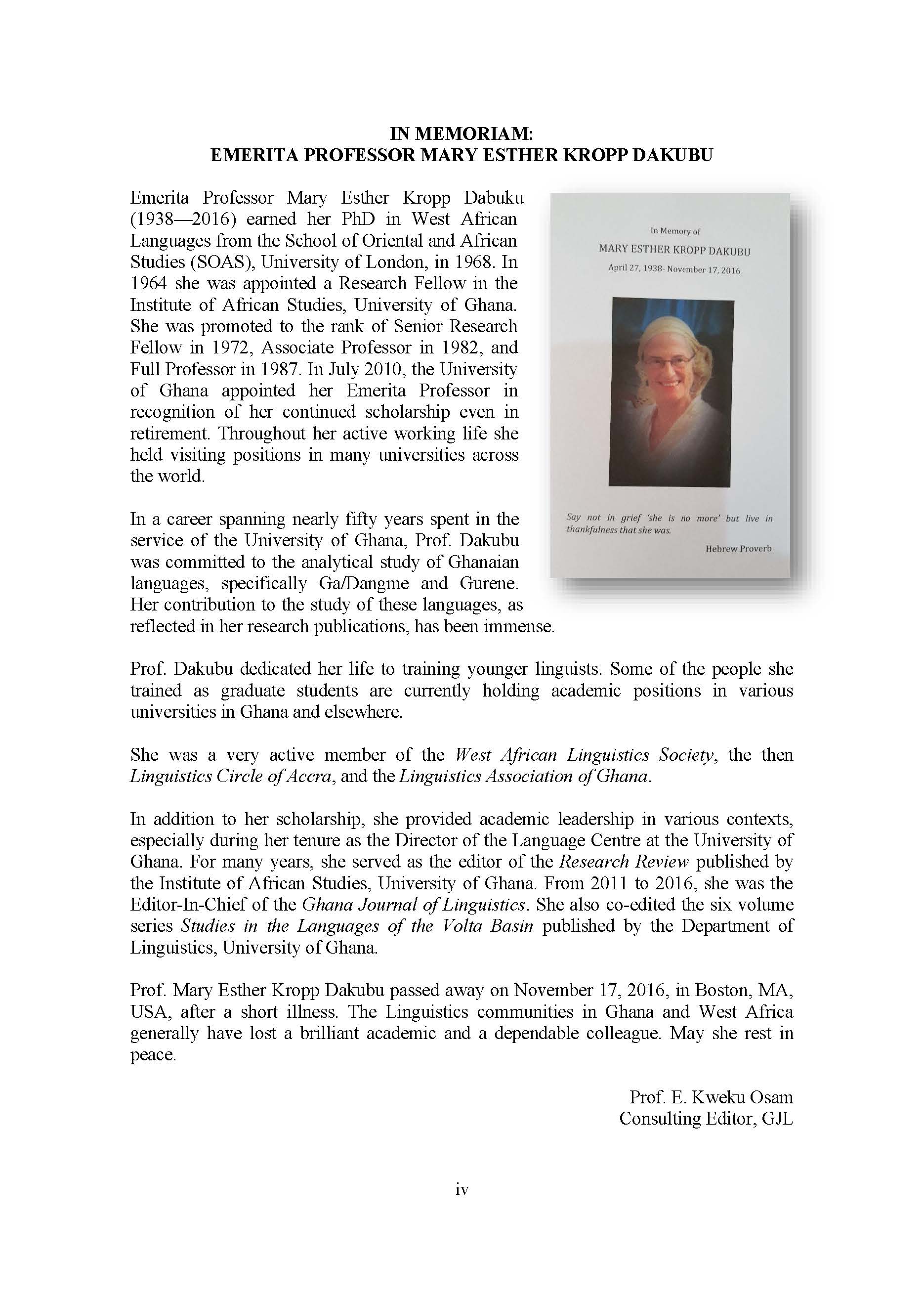 IN MEMORIAM:  EMERITA PROFESSOR MARY ESTHER KROPP DAKUBU