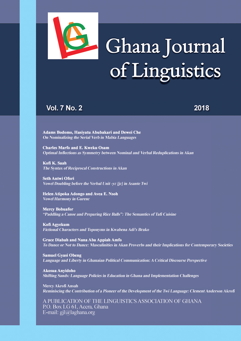 GHANA JOURNAL OF LINGUISTICS  Volume 7 Number 2  SPECIAL ISSUE DEDICATED TO PROFESSOR FLORENCE ABENA DOLPHYNE