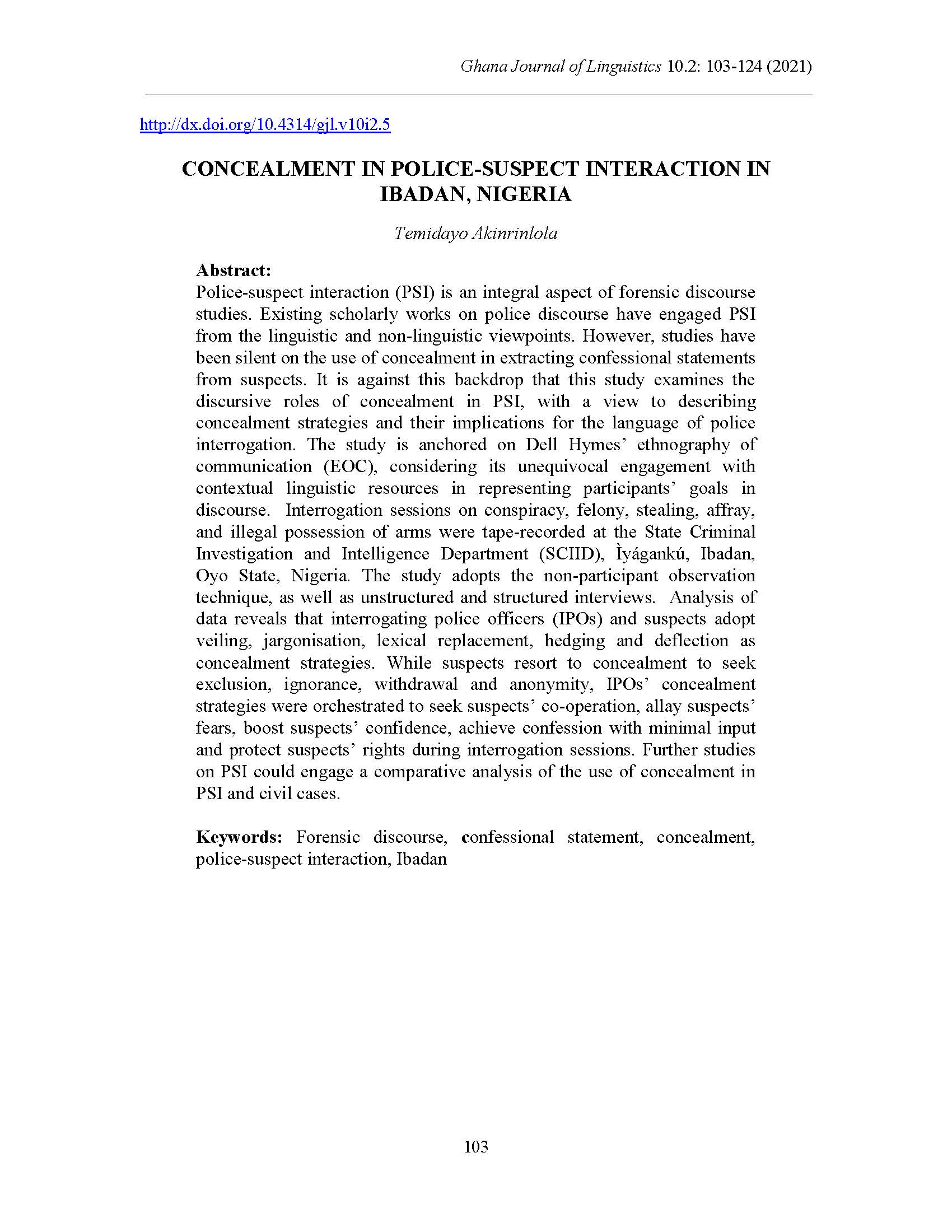 Concealment in Police-Suspect Interaction in Ibadan, Nigeria