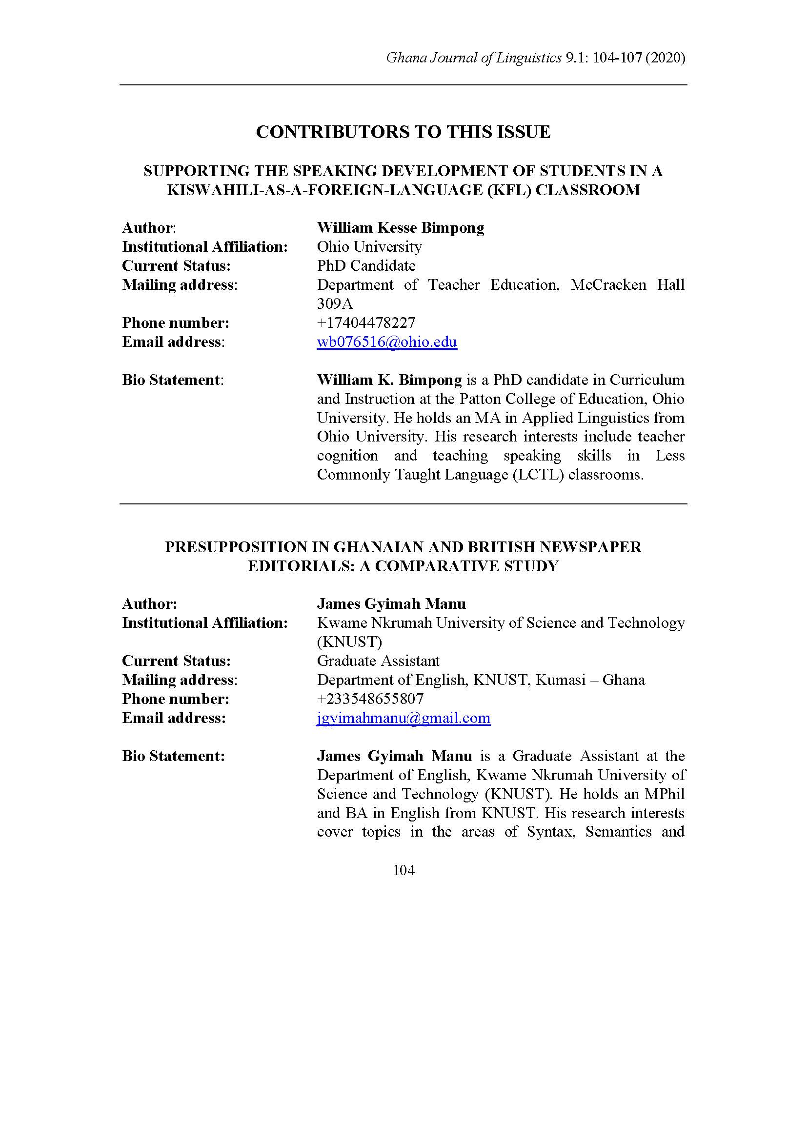 Contributors to this Issue