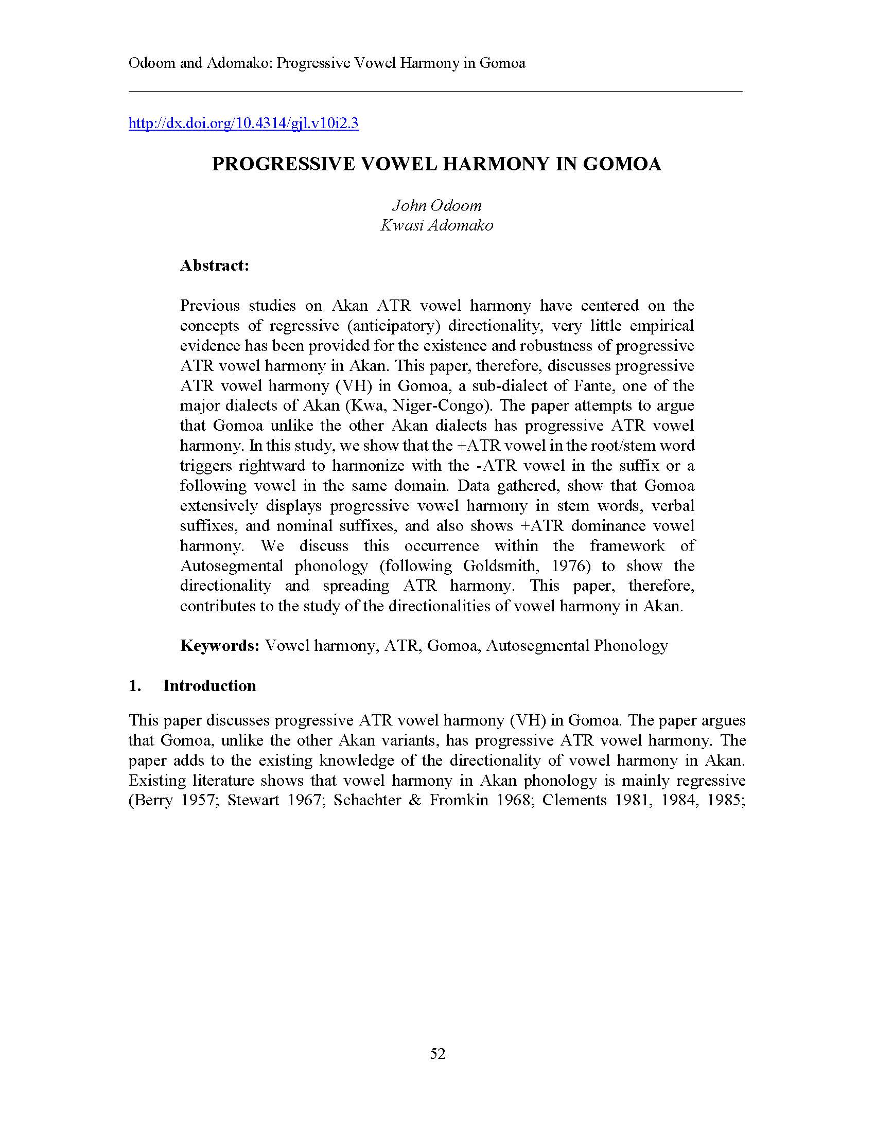 Progressive Vowel Harmony in Gomoa
