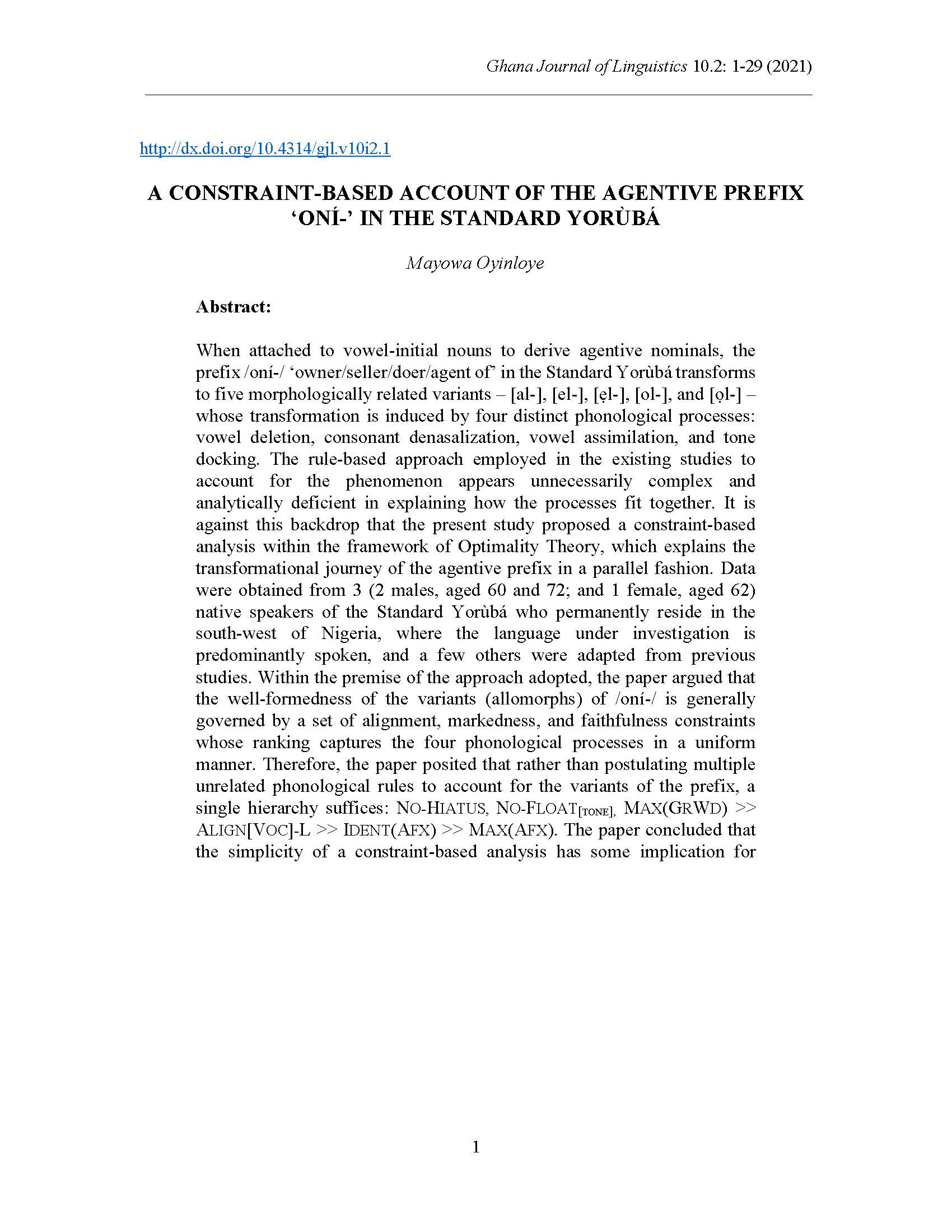 A constraint-based account of the agentive prefix oni in the standard Yorùbá